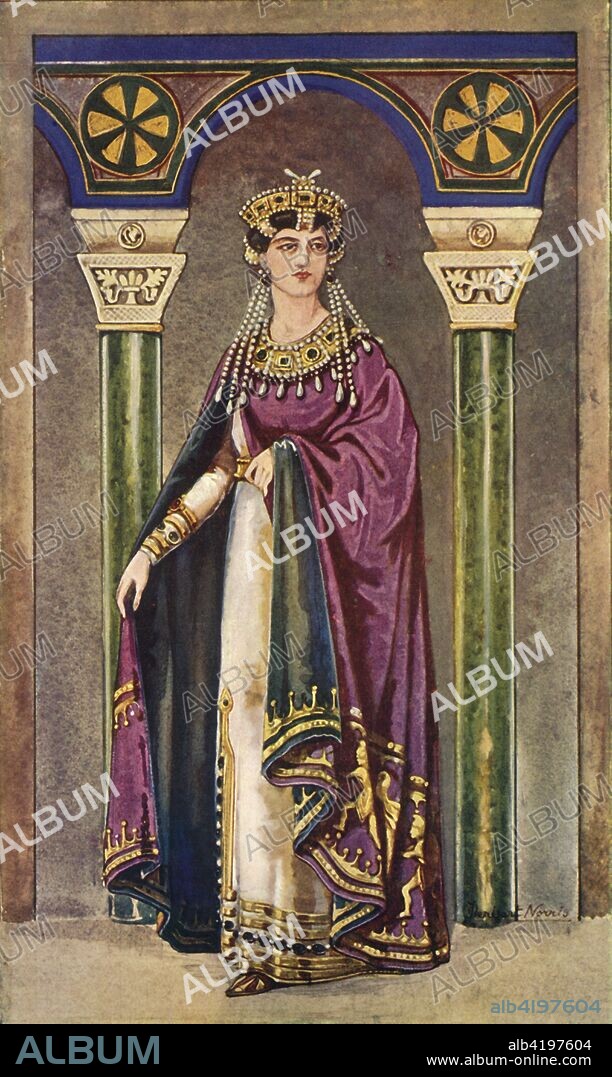 'The Empress Theodora - Sixth Century, A.D.', 1924. From "Costume & Fashion - The Evolution of European Dress Through the Earlier Ages", by Herbert Norris. [J. M. Dent and Sons Ltd, E. P. Dutton and Co. London and Toronto, 1924].