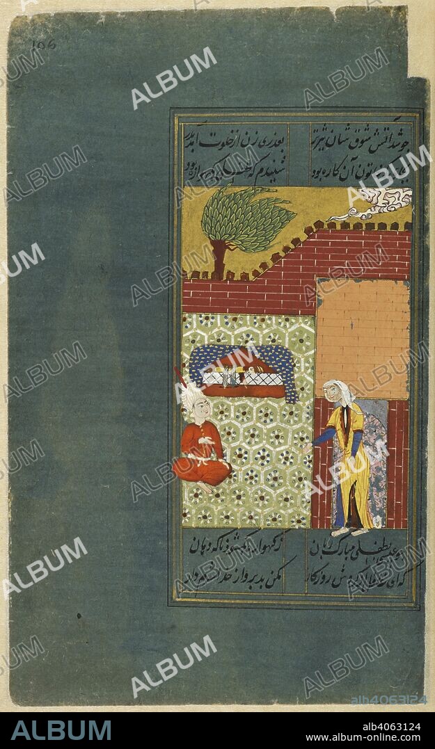 An infant in its cradle reproaches an adulterous king about to indulge an illicit passion. Sinbadnama, the Story of Sinbad, in an anonymous Persian version, with 72 miniatures. c.1575. Source: I.O. ISLAMIC 3214, f.106. Language: Persian.