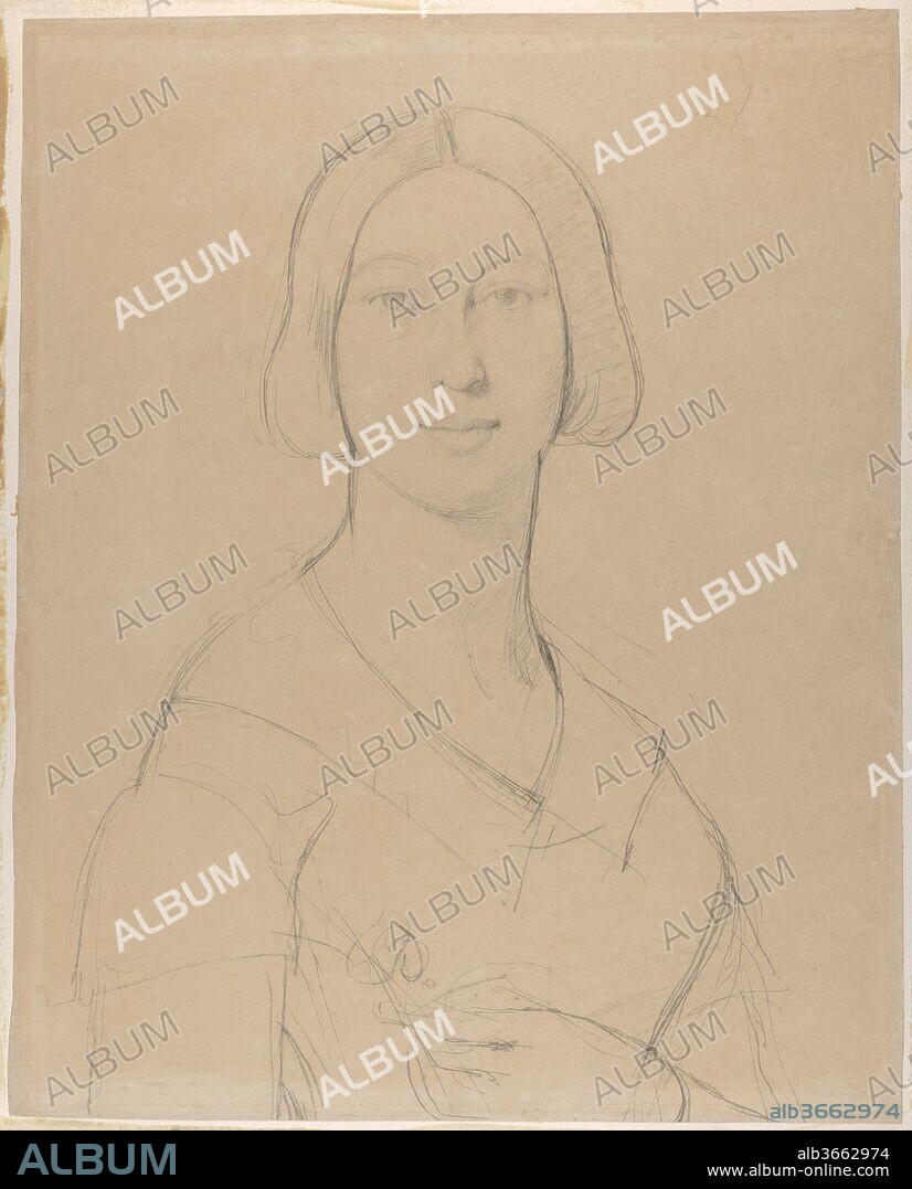 Portrait of Madame Paul Meurice, née Palmyre Granger. Artist: Jean Auguste Dominique Ingres (French, Montauban 1780-1867 Paris). Dimensions: Sheet: 22 × 17 5/8 in. (55.9 × 44.8 cm). Date: ca. 1845-50.
This large scale study was presumably a preparatory work for a lost or never executed portrait. It depicts the painter's god-daughter, Palmyre Meurice (1819-1874), known to her friends and family as 'Myrette'.  Her father, the Neoclassical painter Jean-Pierre Granger, was a close friend of Ingres' and she herself studied art, and would go on to become a renowned musician.  She married the writer Paul Meurice in 1843 and counted Charles Baudelaire and Victor Hugo among her close friends.
Holding what appears to be a flower, the sitter faces the viewer directly. The frontality of her pose, along with her steady gaze, suggests a mature and accomplished woman.  Using a dark graphite, Ingres has gone over the lines repeatedly, establishing the sinuous contours characteristic of his style. Her features are rendered with clarity, in a decidedly more delicate technique.
Perrin Stein (July, 2017).