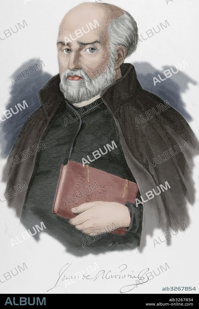 Juan de Mariana or Father Mariana (1536-1624). Spanish Jesuit priest, Scholastic, historian, and member of the Monarchomachs. Engraving by Arturo Carretero in "La Ilustracio_n Espan_ola y Americana", 1879. Colored.