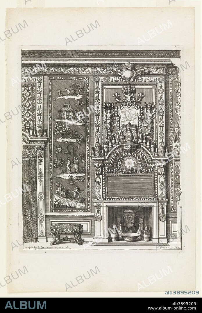 DANIEL MAROT. Design for a Chimney Wall with Lacquered Panels and Porcelain. Date/Period: Ca. 1700. Print. Etching and engraving on cream laid paper.