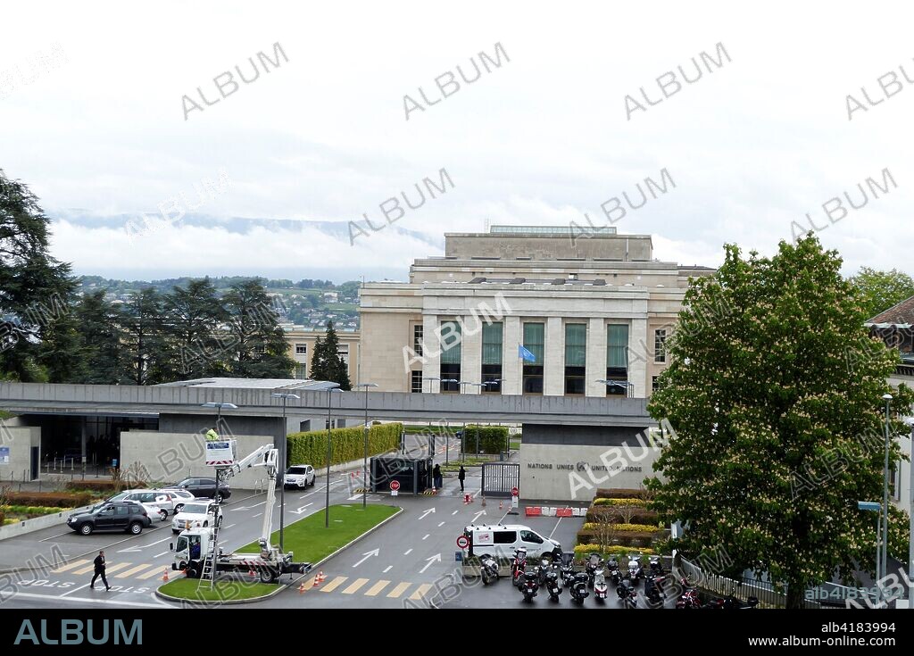 Entrance to the United Nations Headquarters. Geneva. Switzerland. This was the home of the League of Nations and is the present meeting place of the Conference on Disarmament.
