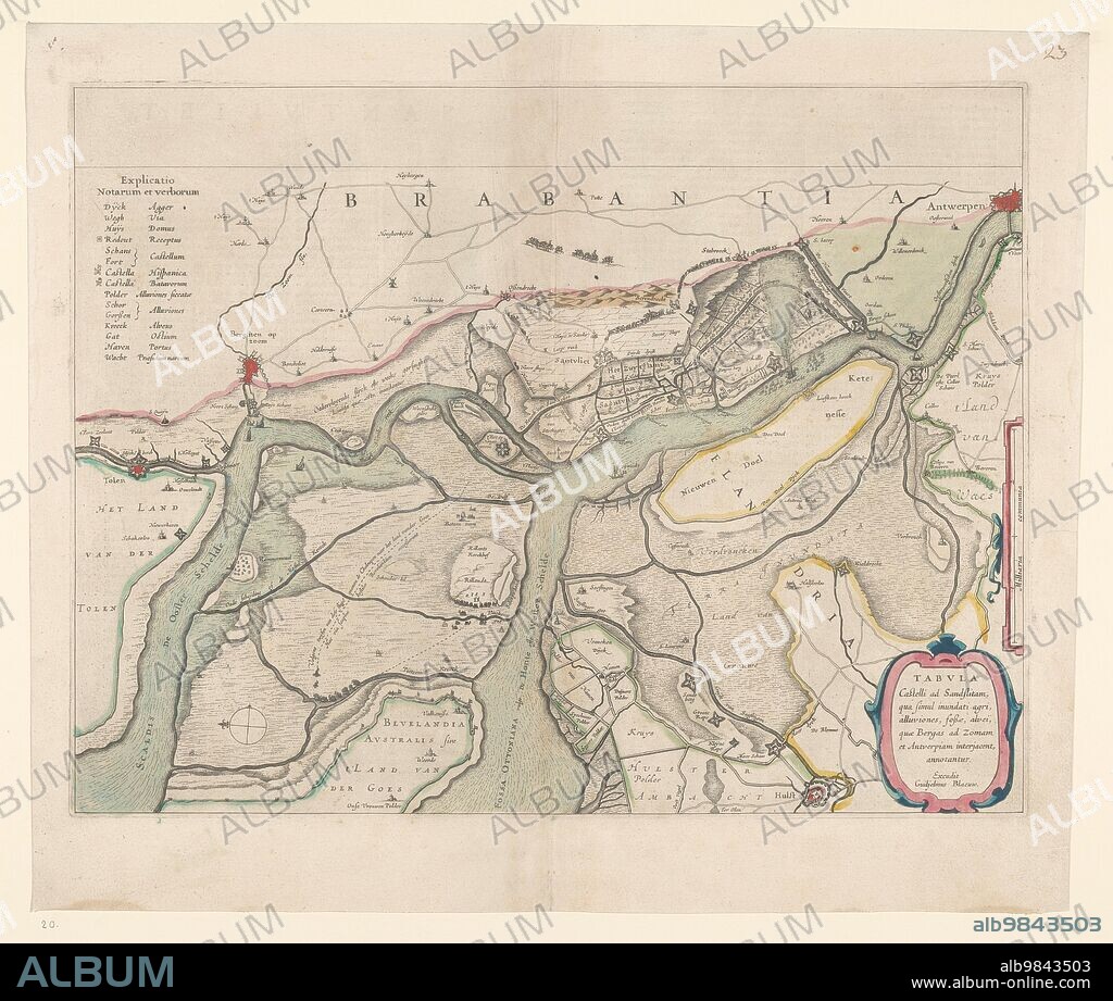 WILLEM BLAEU. Map of the surroundings of Zandvliet, 1642. The north on the left, the borders coloured, cities, buildings and flags indicated. At the top left Explanation of the symbols on the map.