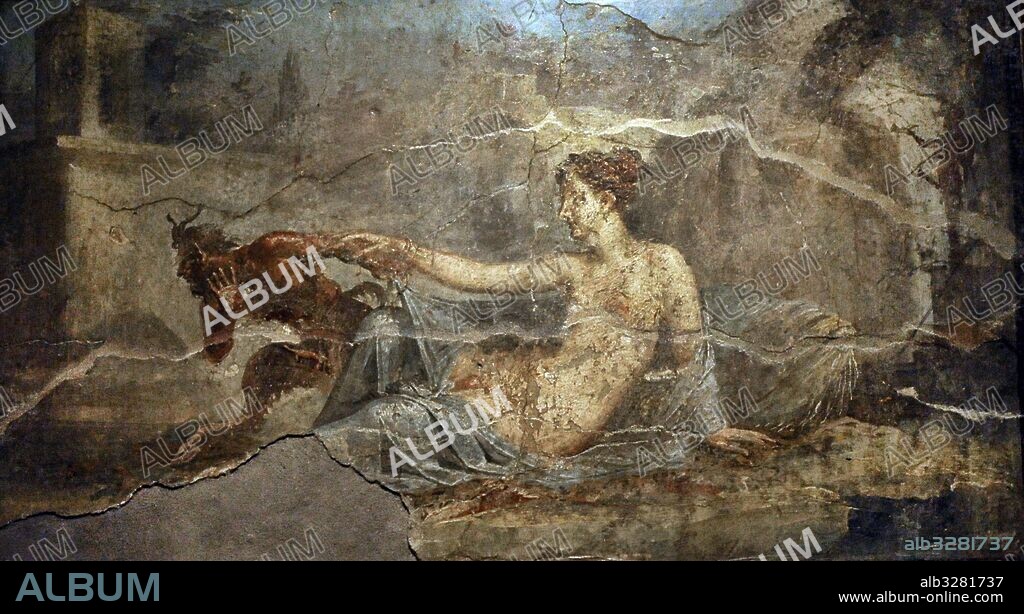 Fresco romano. Pan y hermafrodita. Procedente de la Casa de los Dioscuros (VI,9,6), atrio, Pompeya. Fechada hacia el 1-50 d. C. Temática erótica. Gabinete Secreto. Museo Arqueológico Nacional. Nápoles. Italia.