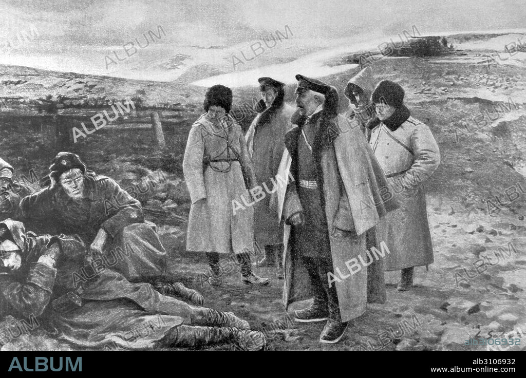 GUERRA RUSO-JAPONESA (1904-1905). Japón entró en guerra con Rusia con la finalidad de asegurarse intereses capitales en Corea y sur de Manchuria. "Ultimos días de la resistencia de Puerto Arthur. El general ruso Anatoly Stoessel (1848-1915) visitando en las avanzadas a los sobrevivientes del combate de cinco días y cinco noches". Grabado de L. Sabattier. La Ilustración Artística. Siglo XX. 1905.