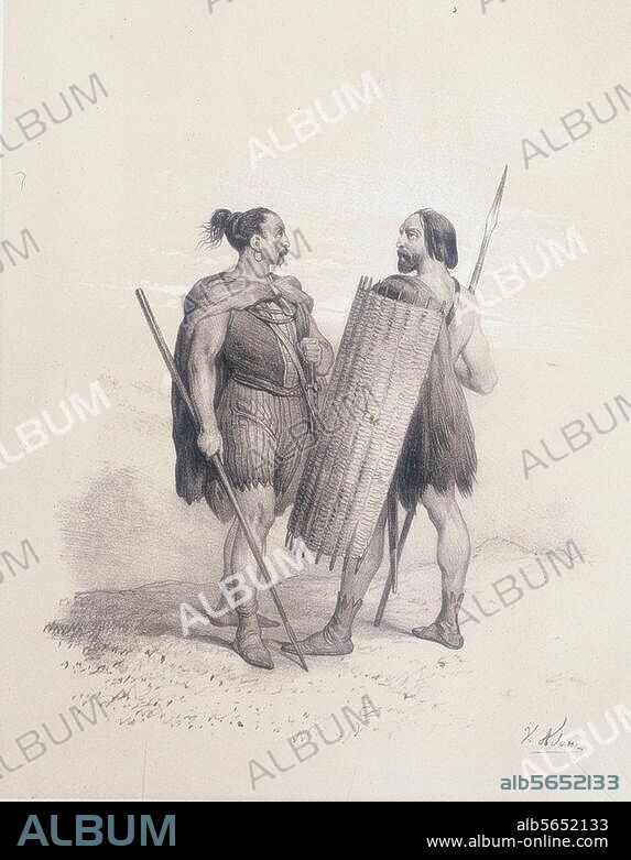 Geschichte / Germanen / Sugambrer:. "Franc et Sicambre.". (Die Sugambrer wurden 8 v. Chr. von den Römern besiegt und z. T. links des Rheins um Xanten angesiedelt; im 3. Jh. vermischten sie sich mit den Franken). Kreidelithographie v. Victor Adam (1801-1866). Aus: M.G. de Puy-Mirat, La France au Moyen-Age, Limoges / Paris, o. J.