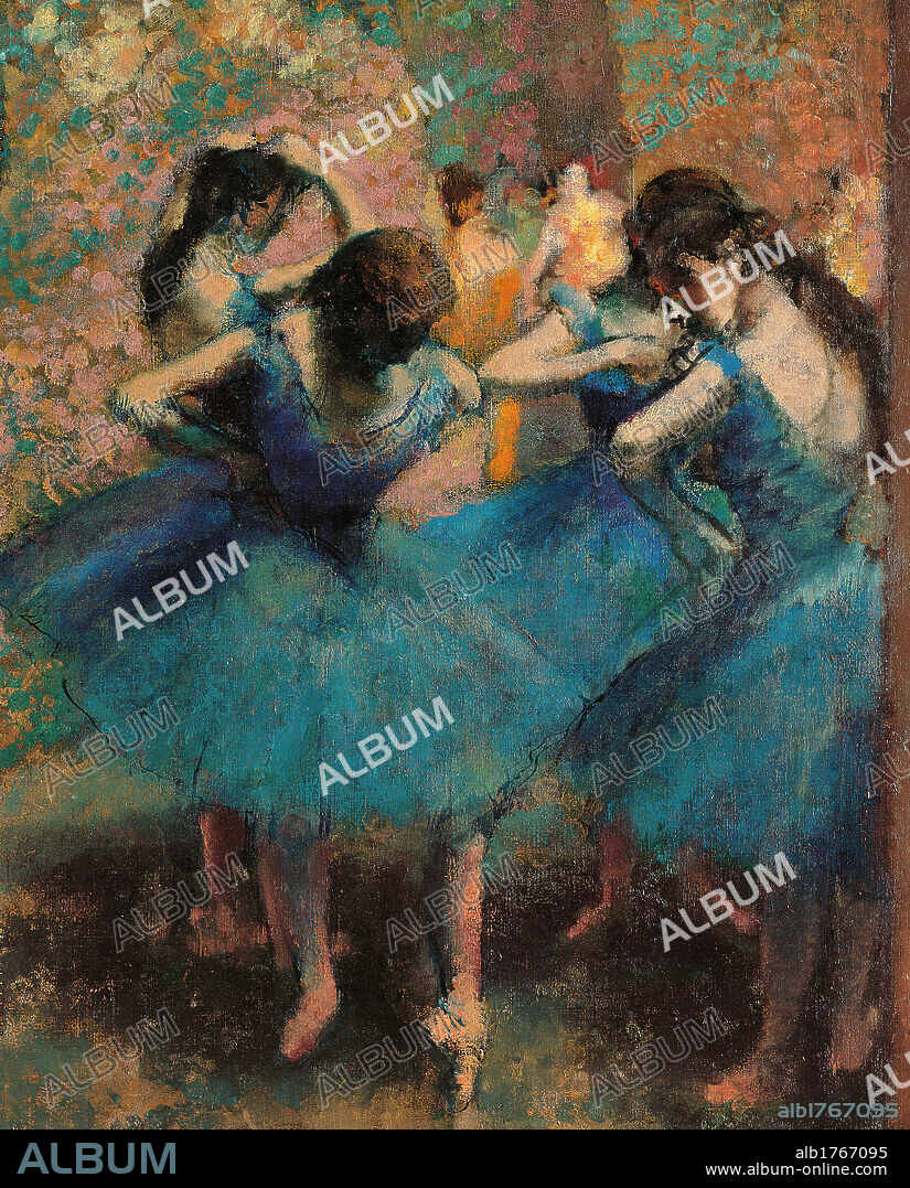 Dancers in Blue (Danseuses bleues), by Edgar Degas, 1893 about, 19th Century, oil on canvas, cm 86 x 75,5. France, Ile de France, Paris, Muse dOrsay. Detail. Blue dancers dance Opra young woman girl brown posture position pose.