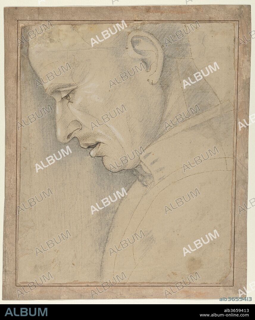 Head of a Man in Profile. Artist: Luca Signorelli (Luca d'Egidio di Luca di Ventura) (Italian, Cortona, active by 1470-died 1523 Cortona). Dimensions: 11 3/4 x 9 5/8 in.  (29.9 x 24.4 cm). Date: 1490s.
This sheet is a significant example of the scientific study of perspective in the fifteenth century. It represents an exercise in foreshortening the human head, through which the profile could be used to construct alternative views. The horizontal lines - incised with a stylus - and the letters annotated around the ear served as coordinate points to produce such a transformation, while the pricked outlines aided in the replication of the profile. This diagram closely follows the method of foreshortening described in a treatise on perspective written by Signorelli's master, Piero della Francesca.