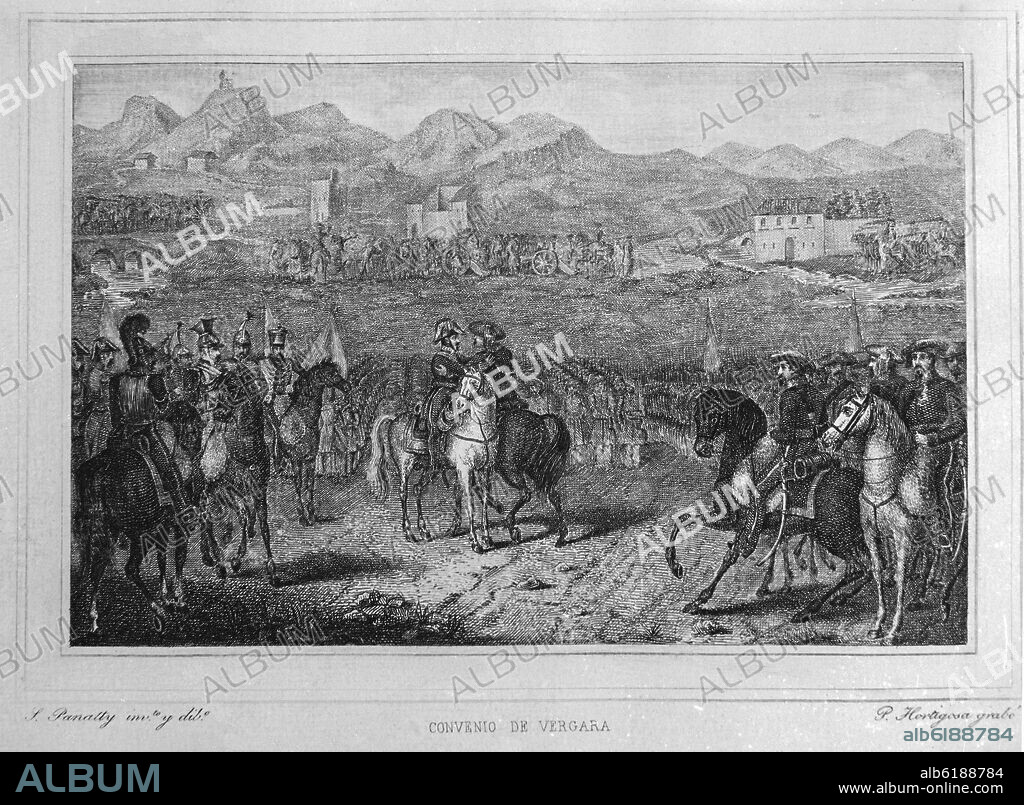 PANALTY. ABRAZO DE VERGARA ENTRE LOS GENERALES ESPARTERO Y MAROTO EL 31 DE AGOSTO DE 1839 - GRABADO SIGLO XIX.