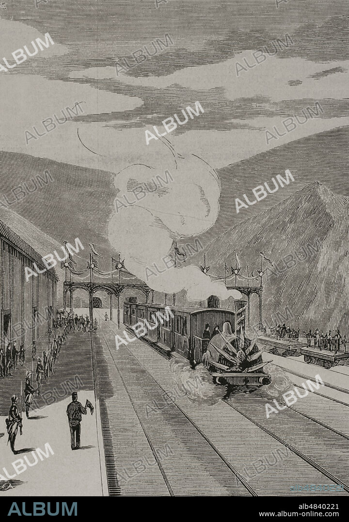 Historia de los transportes. Siglo XIX. Inauguración del ferrocarril de Francia en Gerona, el 20 de enero de 1878. Este tramo enlazaba la línea general de Cataluña con la línea francesa de Perpiñán. Llegada del tren con la comisión española a la estación de Port-Bou. Grabado. La Ilustración Española y Americana, 1878.