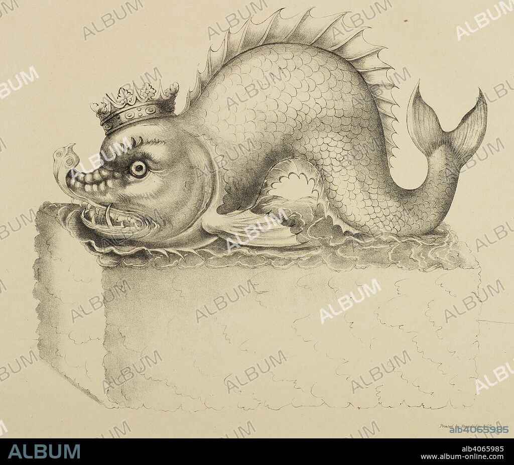 ANON and ANTHONY MUNDAY. Large sea creature wearing a crown. The Fishmongers' Pageant on Lord Mayor's Day, 1616. Chrysanaleia, or the Golden Fishing, devised by Anthony Munday, ... Represented in twelve plates by Henry Shaw, ... from contemporary drawings in the possession of the Worshipful Company of Fishmongers. Accompanied with an historical introduction, and an appendix of various illustrative documents, by J. G. Nichols, ... [London]: Printed for the Worshipful Company of Fishmongers, 1859 J. B. Nichols and Sons, printers. Source: HS.74/1989 second image after appendix.