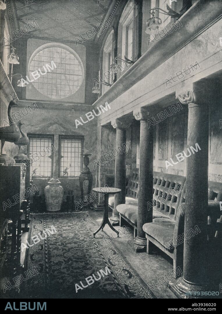 'Marble Hall at No 1 Holland Park, 1898. Alexander Ionides (1810-1890), the Greek Consul-General in London commissioned Phillip Webb (1831-1915) and William Morris (1834-1896) to transform, No. 1 Holland Park. a magnificent Morris and Co. carpet can clearly be seen in the image. From The Studio Volume Twelve by [London Offices of the Studio V, London, 1898].