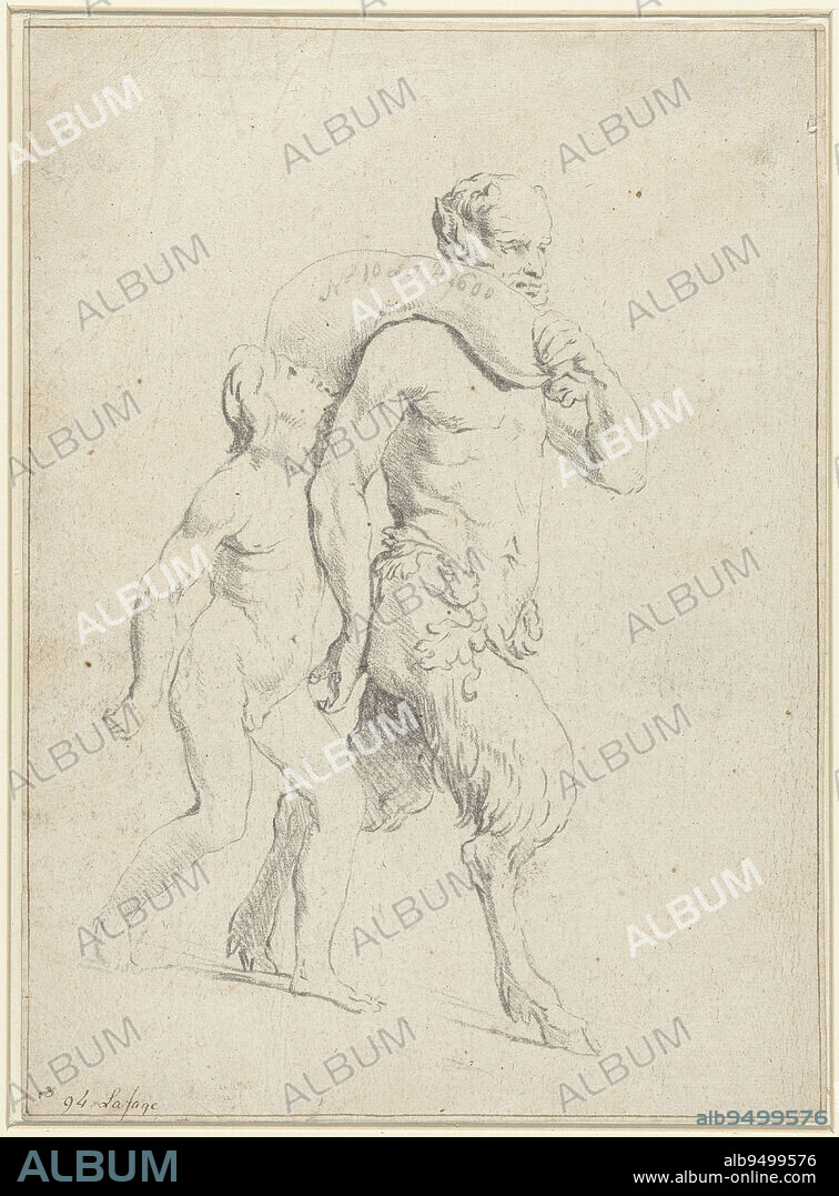 Boy beside a satyr with a sack, Raymond de Lafage, 1666 - 1700, Walking satyr with sack on right shoulder, beside him a boy walks., intermediary draughtsman: Raymond de Lafage, draughtsman: anonymous, 1666 - 1700, paper, h 248 mm × w 181 mm.