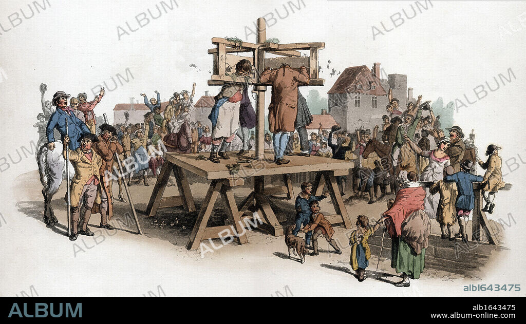 The Pillory. Four men being punished in the pillory jeered at by a crowd. By this date among crimes punishable by pillory were embezzlement of state property, perjury and swindling. Aquatint from WH Pyne Costume of England London 1805.