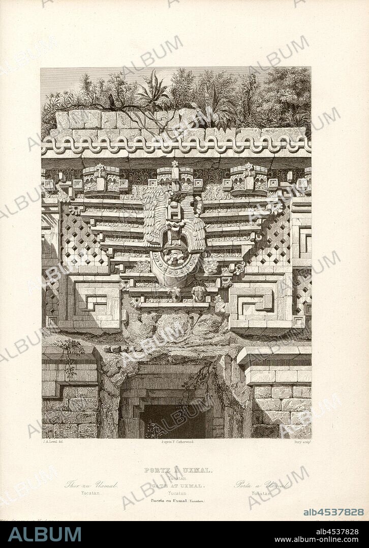 Door to Uxmal. Yucatan, Gate in Uxmal, ruins of a Mayan city in Mexico, signed: J. A. Leveil del, d'après F. Catherwood; Bury sculp, Fig. 79, p. 338, Catherwood, Frederick (inv.); Léveil, Jean-Arnaud (del. d'après Frederick Catherwood); Bury, Jean Baptiste Marie (sc.), 1853, Jules Gailhabaud: Monuments anciens et modernes: collection formant une histoire de l'architecture des différents peuples à toutes les époques. Paris: Librairie de Firmin Didot frères, 1853.