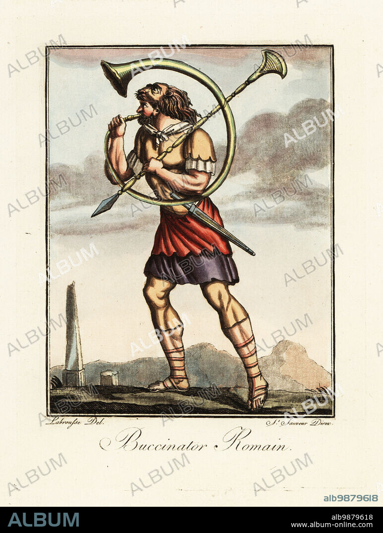 Buccinator or hornplayer in the Roman army, ancient Rome. He wears a lion-skin headdress, tunic, sagulum gregale or short trousers and sandals. He blows the buccina and is armed with gladius sword and pilum spear. A broken obelisk behind. Buccinator Romain. Handcoloured copperplate drawn and engraved by L. Labrousse, artist of Bordeaux, under the direction of Jacques Grasset de Saint-Sauveur from his Lantique Rome, ou description historique et pittoresque, Ancient Rome, or historical and picturesque description, Chez Deroy, Paris, 1796.