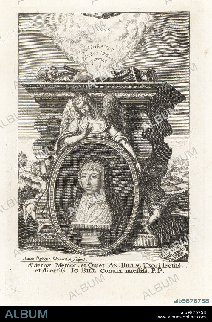 Anne Bill. mystic wife of printer John Bill, died 1621. Veiled bust within oval frame held by angel at an altar with musical instruments in flames. From Martin Day's funeral sermon Peplum Modestiae in Monument of Mortalitie, 1621. Aeterna Memor. et Quiet An. Billae Uxori lectiss et dilectiss Io Bill. Copperplate engraving from Samuel Woodburns Gallery of Rare Portraits Consisting of Original Plates, George Jones, 102 St Martins Lane, London, 1816.