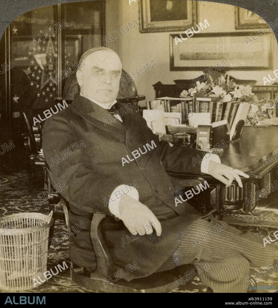 William McKinley, 25th President of the United States, 1900. Detail from a stereoscopic card showing President McKinley (1843-1901) seated at the head of the council table in the Cabinet Room at the White House. Born in Niles, Ohio, McKinley became a lawyer and in 1877 entered Congress as a Republican, becoming a leading tarriff expert. He was elected President in 1896 and for a second term four years later. McKinley was shot by an anarchist, Leon Czolgosz, at the Pan-American Exhibition in Buffalo, on 6 September 1901 and died on 14 September.