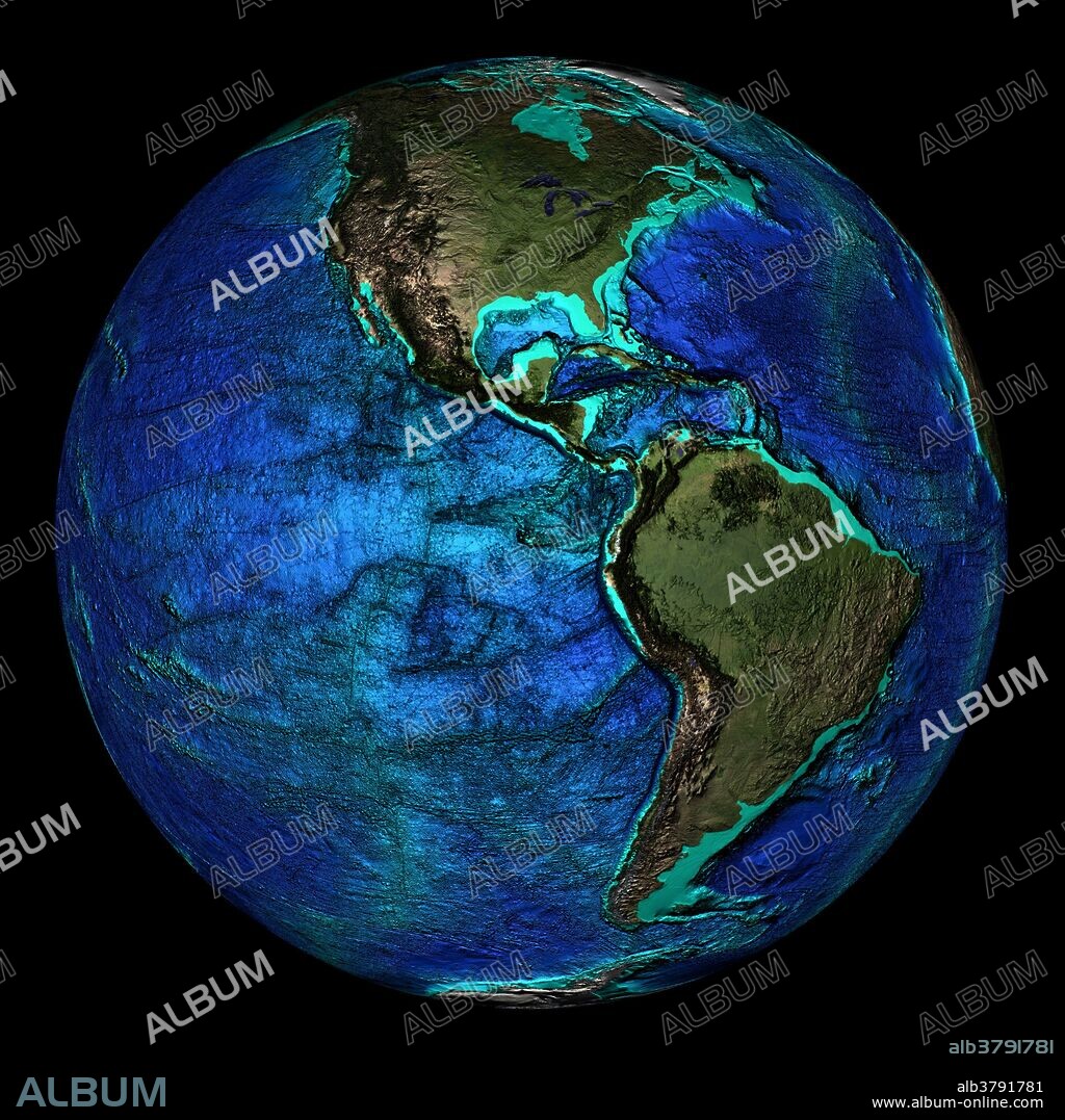 Topographical map of the Earth, centered on 0 degrees North, 90 degrees West. Located around these coordinates are North and South America and the Pacific Ocean where numerous ridges are depicted across the ocean floor. The seas and oceans are color-coded by depth and land colors are based on MODIS true-color data from the Terra satellite in 2004 where darker regions represent highlands. Turquoise regions represent the continental shelf and descend to around 150 meters before dropping off abruptly at the shelf break. The descent of the continental slope to the ocean floor is shown as increasingly dark shades of blue.