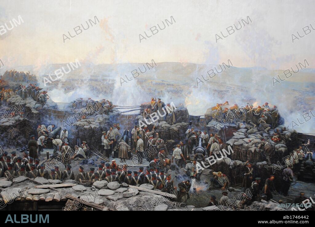 GUERRA DE CRIMEA (1853-1856). Conflicto bélico entre el Imperio Ruso y la alianza de Reino Unido, Francia, el Imperio Otomano y el Reino del Piamonte. Cuadro panorámico obra de Francisco RUBO (1856-1928). "SITIO DE SEBASTOPOL, 1854-1855". La ciudad a orillas del Mar Negro, fue sitiada durante 11 meses. El cuadro mide 1610 metros cuadrados de superficie. Detalle. Museo de la Heroica Defensa y Liberación de Sebastopol. Península de Crimea. Ucrania.