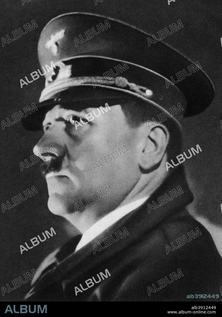 Adolf Hitler, Austrian born dictator of Nazi Germany, c1930s-c1940s. Hitler (1889-1945) became leader of the National Socialist German Workers (Nazi) party in 1921. After an unsuccessful coup attempt in Munich in 1923, for which he was briefly imprisoned, Hitler set about pursuing power by democratic means. His nationalistic and anti-semitic message quickly gained support in a Germany humiliated by defeat in World War I and the harsh terms of the Treaty of Versailles and, from the late 1920s, suffering from economic collapse. Hitler came to power in 1933, and persuaded the Reichstag (parliament) to grant him dictatorial powers. He proceeded to crush opposition both within his own party and throughout German society, and set about re-arming Germany. Hitler's aggressive policy of territorial expansion to secure 'lebensraum' (living space) for the German people eventually plunged the world into the Second World War. A print from Wie die Oftmark ihre Befreiung erlebte (The Way towards the Liberation), Berlin, 1940.