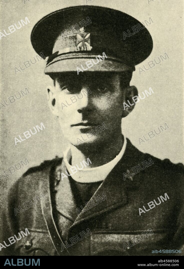 Reverend Edward Noel Mellish VC, c1916, (c1920). Portrait of the 'Fighting Parson' - British army chaplain Noel Mellish (1880-1962), was 'awarded the Victoria Cross for rescuing Wounded Men under Fire' at St Eloi in Flanders during the First World War. 'Under continuous and heavy shell and machine-gun fire he brought in ten badly wounded men on the first day, seeming to bear a charmed life. On the second day the battalion to which he was attached was relieved, but he went back and brought in twelve more wounded men'. From "The Great World War: A History", Volume V, edited by Frank A Mumby. [The Gresham Publishing Company Ltd, London, c1920].