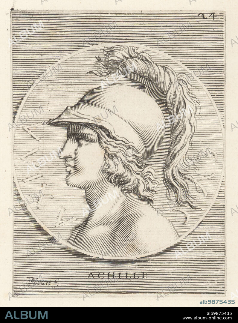 Achilles, son of the Nereid Thetis and Peleus, king of Phthia, hero of the Trojan War, greatest of all the Greek warriors and the central character of Homer's Iliad. Image of a young man in a helmet with crest from a bronze coin with a horse on the reverse. Achille. Copperplate engraving by Etienne Picart after Giovanni Angelo Canini from Iconografia, cioe disegni d'imagini de famosissimi monarchi, regi, filososi, poeti ed oratori dell' Antichita, Drawings of images of famous monarchs, kings, philosophers, poets and orators of Antiquity, Ignatio deLazari, Rome, 1699.