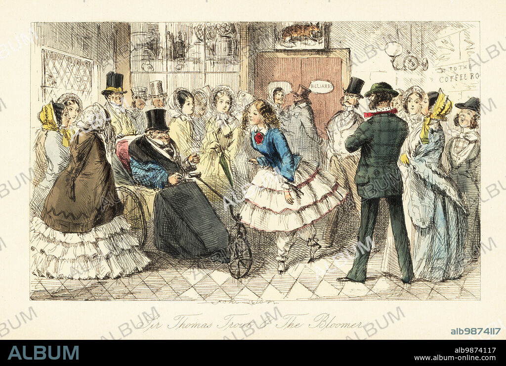 Old gentleman with gout in an invalid chair talking with a young woman in bloomers, 19th century. They are in a hallway between the billiard room and the coffee rooms. Sir Thomas Trout and the Bloomer, Miss Constantia Mendlove. Handcoloured steel engraving after an illustration by John Leech from Robert Smith Surtees Handley Cross, or Mr. Jorrockss Hunt, Bradbury, Evans and Co., London, 1854.