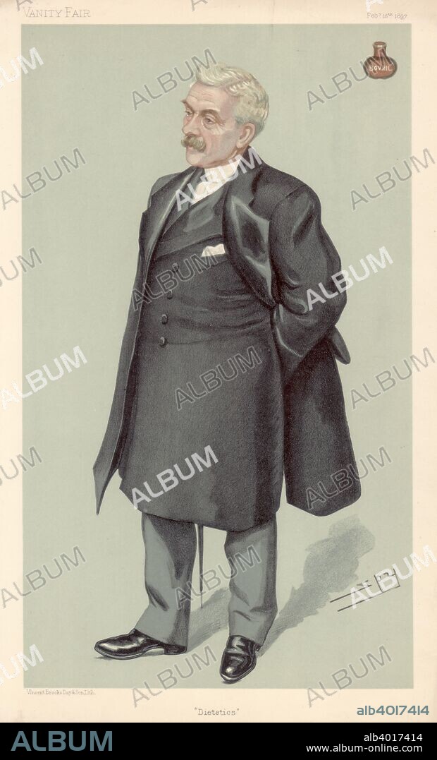 John Lawson Johnston, Scottish-born businessman, 1897. In about 1863 Johnston (d1900) developed a beef extract, at first known as 'liquid beef' but later named 'Bovril', a named derived of Bos, the Latin for ox, and Vrilya, the life force in The Coming Race, a novel by Bulwer Lytton. He victualled armies and helped provision three Polar expeditions. Cartoon titled 'Dietetics' from Vanity Fair. (London, 18 February 1897).