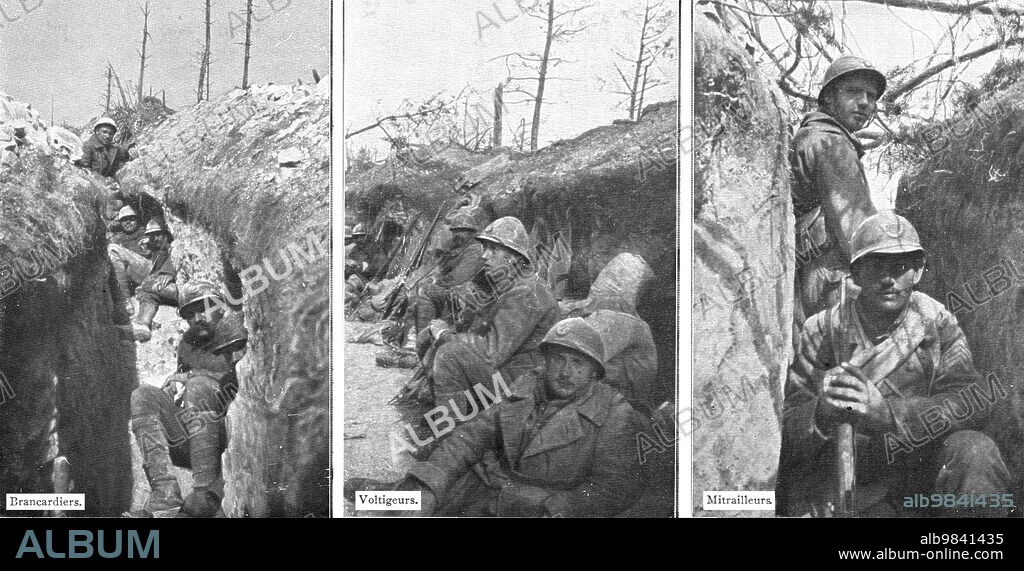 'Sur le massif de Moronvilliers; Dans les tranchees de depart, sur les pentes Sud du Cornillet, le 20 mai 1917, a 10 heures 15, dix minutes avant l'attaque operee par 1st zouaves', 1917. First World War: on the Moronvilliers Hills; soldiers in the trenches on the south slopes of Cornillet, 20 May 1917, at 10.15, ten minutes before the attack by the 1st Zouaves. 'Brancardiers, Voltigeurs, Mitrailleurs', (stretcher bearers, light infantry, machine gunners). From "L'Album de la Guerre 1914-1919, Volume 2" [L'Illustration, Paris, 1924].