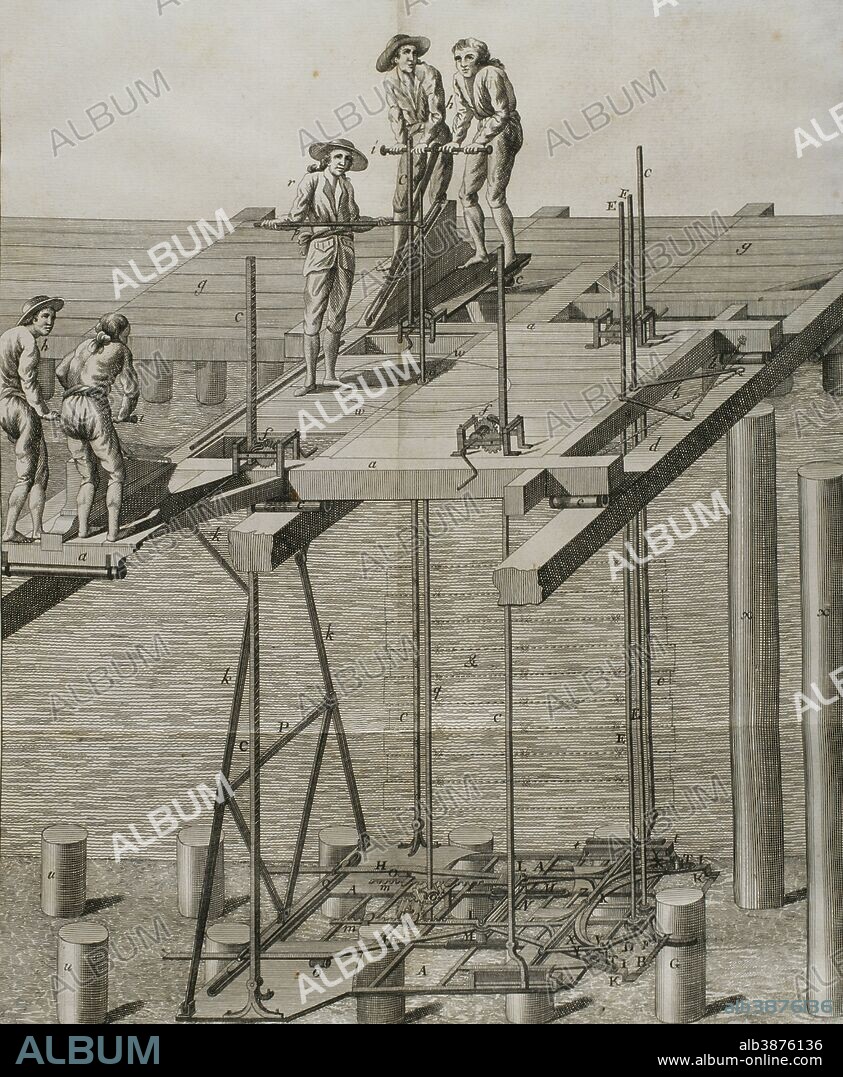 Elementos de Matemática. Obra realizada por el arquitecto y matemático español de la ilustración Benito Bails (1730-1797). Lámina con la representación de obreros trabajando en el cauce de un río. Tomo IX, parte II, que trata de la arquitectura hidráulica. Madrid,1790. Biblioteca Histórico Militar de Barcelona, Cataluña, España.