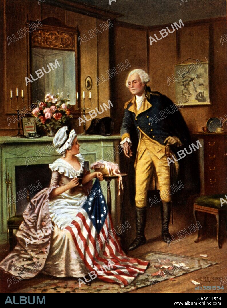 Entitled: "Then, now, and forever!" Showing Betsy Ross sewing flag, and George Washington standing alongside. Betsy Ross (January 1, 1752 - January 30, 1836), born Elizabeth Griscom, is widely credited with making the first American flag. There is, however, no credible historical evidence that the story is true. When the American Revolutionary War broke out her husband, John Ross, was a member of the local militia who was assigned to guard munitions and was killed by a gunpowder explosion. The 24 year old Betsy worked in the upholstery business repairing uniforms and making tents and blankets and stuffed paper tube cartridges with musket balls in 1779 for the Continental Army. Research conducted by the National Museum of American History notes that the story of Betsy Ross making the first American flag for General George Washington entered into American consciousness about the time of the 1876 centennial celebrations. Historians conclude that she was one of several flag makers and her main contribution to the design was to change the 6-pointed stars to the easier 5-pointed stars. She died in 1836 at the age of 84. Reproduction of painting by E. Percy Moran.