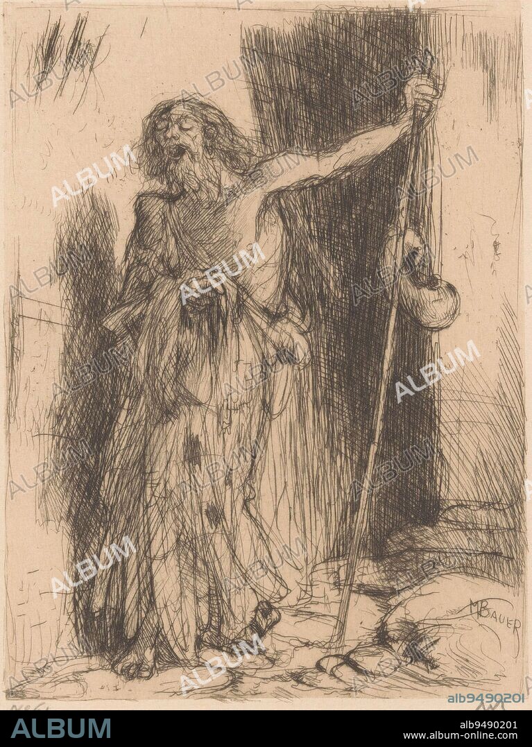 A standing man dressed in rags and leaning on a stick, Blind beggar, print maker: Marius Bauer, (signed by artist), 1900, paper, etching, h 167 mm - w 132 mm.
