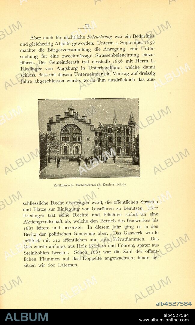 Zollikofer'sche Buchdruckerei (E. Kessler) 1868/60, Buchdruckerei Zollikofer at the Gutenbergplatz (today Neumarkt) in St. Gallen (Switzerland), Fig. 19, p. 27, 1889, Section St. Gallen des Schweizerischen Ingenieur- und Architekten-Vereins (Hg.): Altes und Neues aus der Stadt St. Gallen. Anlässlich der Hauptversammlung des Schweizerischen Ingenieur- und Architekten-Vereins am 21. bis 23. September 1889. St.Gallen: Druck der Zollikofer'schen Buchdruckerei, 1889.