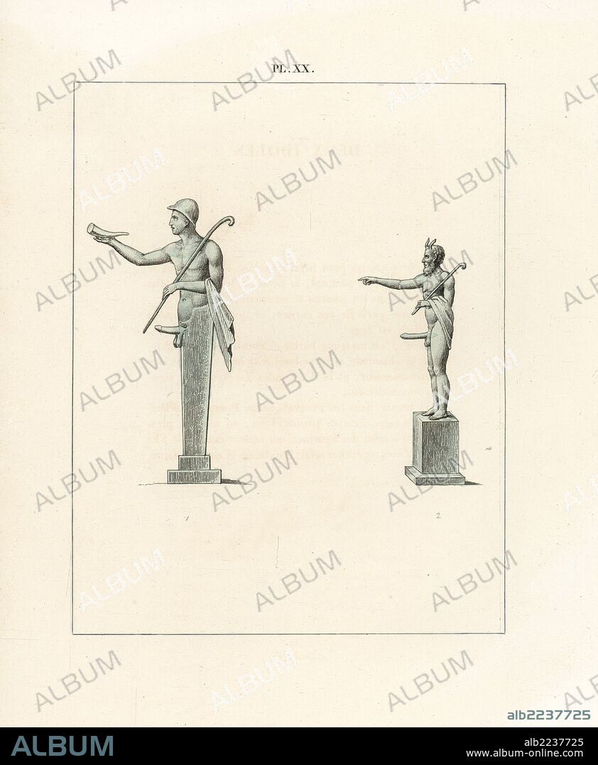 Bronze idols: Hermes wearing chlamys and petasos (sun hat) and carrying pedum (pastoral hook) and rhyton (drinking horn), and bearded faun with chlamys and pedum. Handcoloured lithograph from Cesar Famin's "Musee royal de Naples (The Royal Museum at Naples)," Abel Ledoux, Paris, 1836. This rare volume is a catalog of the collection of erotic paintings, bronzes and statues excavated in Pompeii and Herculaneum and stored in a Secret Cabinet at Naples.