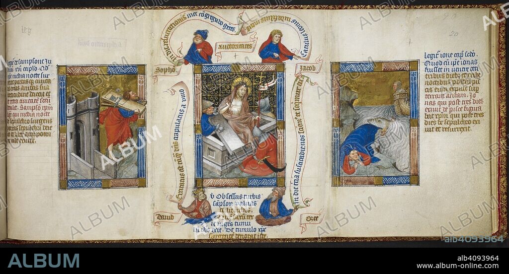 Samson carrying the gates of Gaza; the Resurrection; Jonah emerging from the whale. Biblia Pauperum. c 1395-1400. A picture Bible including a series of images of the life of Christ with Old Testament prefigurations, with three miniatures on every recto. Each miniature of the Christological cycle is accompanied by bust-length portraits of apostles and prophets holding scrolls and corresponds to typological miniatures. Source: Kings 5 f.20. Language: Latin.
