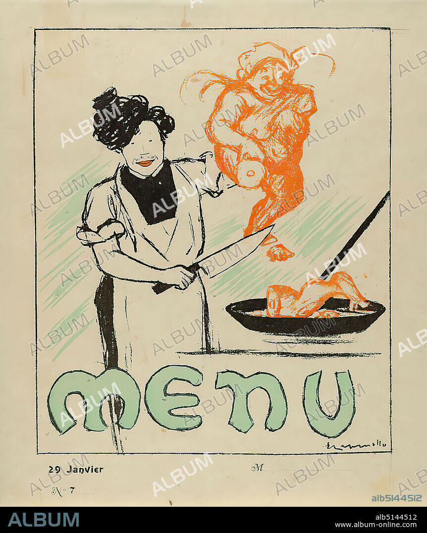 Leonetto Cappiello, menu, paper, lithography, total: height: 27,4 cm; width: 23 cm, signed: in the printing plate: Cappiello, illustrations, caricatures/spot pictures, cook, woman, butcher, butcher, cooking/preparing food.