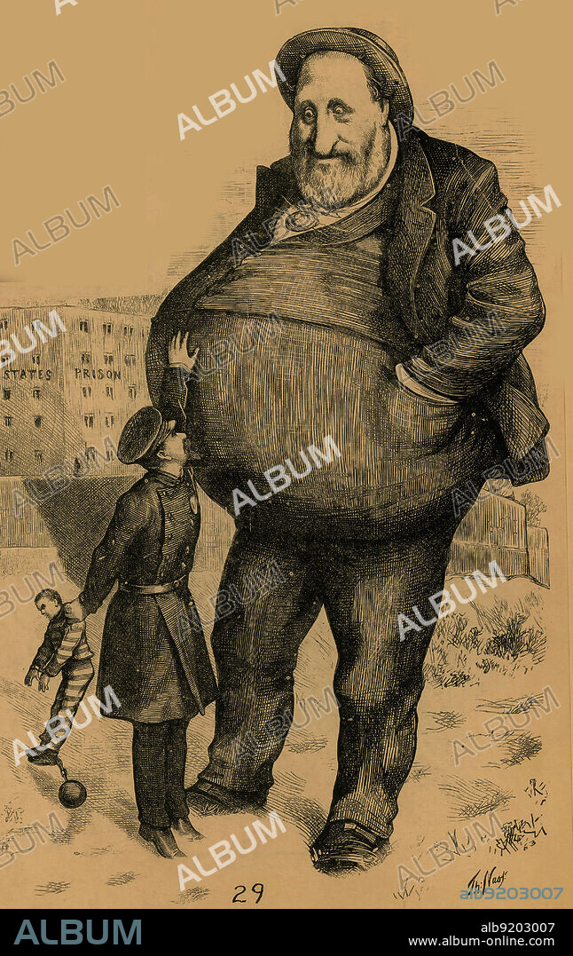 Satirical political cartoon of William Magear Tweed. "Can the law reach him? The dwarf and the giant thief." William Magear Tweed AKA "Boss" Tweed (April 3, 1823 - April 12, 1878) was an American politician and leader of Tammany Hall, the Democratic Party political machine that played a major role in the politics of 19th century New York City and State. Tweed was convicted for stealing an amount estimated between $45 million from NYC taxpayers from political corruption. Unable to make bail, he escaped from jail once but was returned to custody. He died in the Ludlow Street Jail.
