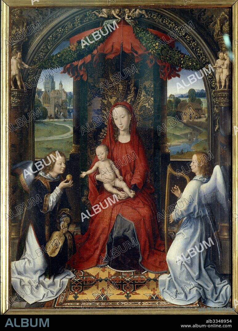 HANS MEMLING. Virgin and Child with Angels. Central Panel of the Pagagnotti Triptych.