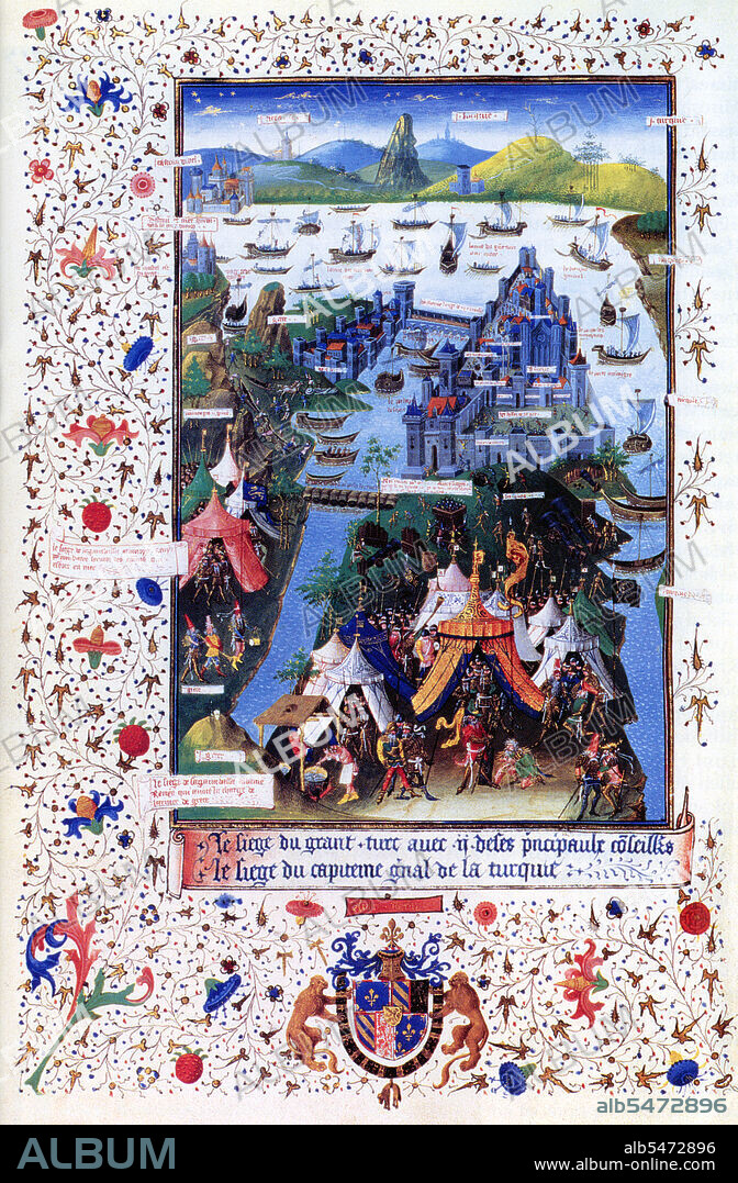 Turkey: The Siege of Constantinople (1453) by Jean Le Tavernier ( - 1462). Sultan Mehmet II's camp outside Constantinople, taken from a French manuscript dated 1455. Constantinople, the capital of Constantine XI's Byzantine Empire, was captured by Sultan Mehmet II and his Ottoman armies after a seven-week siege. Mehmet had applied pressure on Constantinople and the Byzantines by building forts along the Dardanelles. On 5 April, he laid siege to Constantinople with an army numbering 80,000 to 200,000 men. Constantine reportedly fell leading a charge against the invaders, though his body was never found. The last defenders were killed and the Turks proceeded to loot the city. The battle brought down the 1,100-year Byzantine Empire and is seen by many scholars as marking the end of the Middle Ages. (Photo by: Jean Le Tavernier/Pictures From History/Universal Images Group via Getty Images).