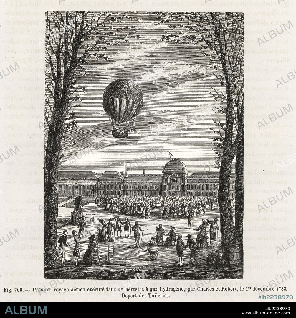 First manned flight in a hydrogen gas balloon by Professor Jacques Charles and the Robert brothers, Anne-Jean and Nicolas-Louis, from the Tuileries, December 1783. Woodblock engraving from Louis Figuier's "Les Merveilles de la Science: Aerostats" (Marvels of Science: Air Balloons), Furne, Jouvet et Cie, Paris, 1868.
