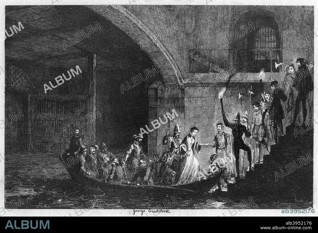 Queen Jane and Lord Guilford Dudley brought back to the Tower through Traitor's Gate, 1553 (1840). A grandniece of Henry VIII, Lady Jane Grey was proclaimed queen on Edward VI's death in 1553 in an attempt to secure a Protestant succession. Only a few days later Henry's eldest daughter, the Catholic Mary Tudor, claimed the throne. Jane was deposed and imprisoned in the Tower of London. She was executed for high treason, at the age of 16, on Tower Hill on 12th February 1554. Dudley, her husband, was executed as well. A print from The Tower of London a Historical Romance, by William Harrison Ainsworth. (London, 1840).