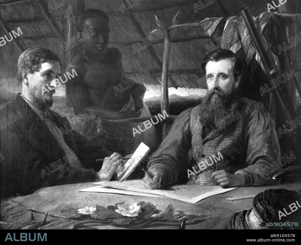 John Hanning Speke (1827-1864) (right), James Augustus Grant (1827-1892) and Sidy Bombay, their African assistant, in 1863. Painting by Henry William Phillips. The African Adventure - A History of Africa's Explorers by Timothy Severin page 217.
