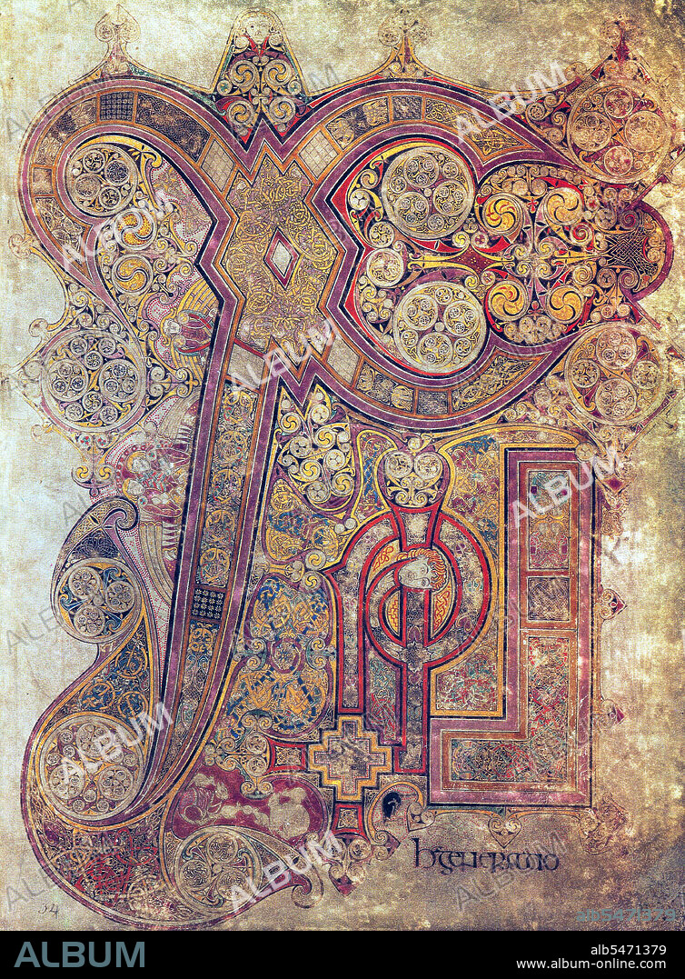 The Book of Kells (Irish: Leabhar Cheanannais) (Dublin, Trinity College Library, MS A. I. (58), sometimes known as the Book of Columba) is an illuminated manuscript Gospel book in Latin, containing the four Gospels of the New Testament together with various prefatory texts and tables. It was created by Celtic monks ca. 800 or slightly earlier. The text of the Gospels is largely drawn from the Vulgate, although it also includes several passages drawn from the earlier versions of the Bible known as the Vetus Latina. It is a masterwork of Western calligraphy and represents the pinnacle of Insular illumination. It is also widely regarded as Ireland's finest national treasure. The illustrations and ornamentation of the Book of Kells surpass that of other Insular Gospel books in extravagance and complexity. The decoration combines traditional Christian iconography with the ornate swirling motifs typical of Insular art. Figures of humans, animals and mythical beasts, together with Celtic knots and interlacing patterns in vibrant colours, enliven the manuscript's pages. Many of these minor decorative elements are imbued with Christian symbolism and so further emphasise the themes of the major illustrations. The manuscript today comprises 340 folios and, since 1953, has been bound in four volumes. The leaves are on high-quality calf vellum, and the unprecedentedly elaborate ornamentation that covers them includes ten full-page illustrations and text pages that are vibrant with decorated initials and interlinear miniatures and mark the furthest extension of the anti-classical and energetic qualities of Insular art. The Insular majuscule script of the text itself appears to be the work of at least three different scribes. The lettering is in iron gall ink, and the colours used were derived from a wide range of substances, many of which were imports from distant lands. The manuscript takes its name from the Abbey of Kells that was its home for centuries. Today, it is on permanent display at the Trinity College Library, Dublin.