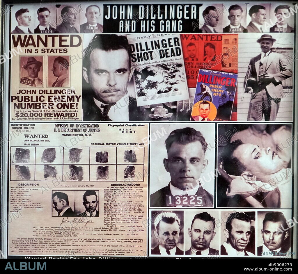 Montage of pictures, headlines and documents relating to John Dillinger and his gang. John Herbert Dillinger (1903-1934) an American gangster in the Depression-era United States.