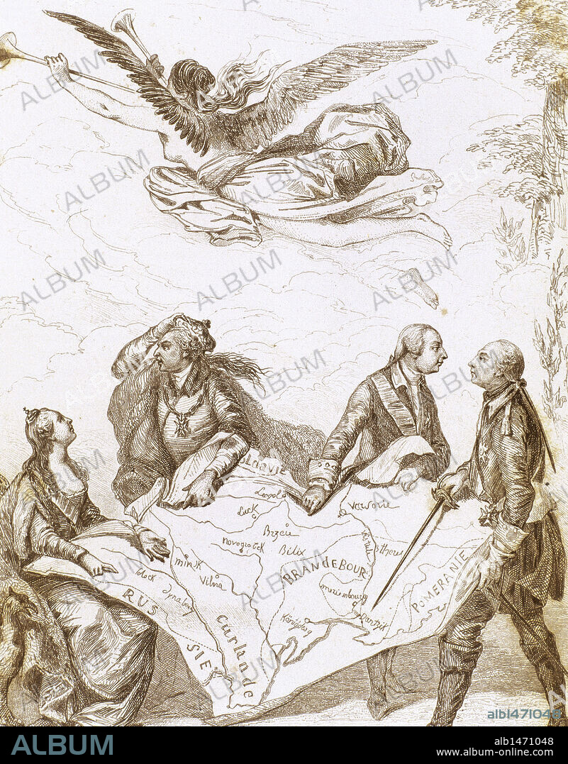 PRIMER REPARTO o PARTICION DE POLONIA en el año 1772 entre Catalina II la Grande de RUSIA, Federico II el Grande de PRUSIA y José II de AUSTRIA. Epoca del reinado del monarca polaco Estanislao Augusto Poniatawski. Grabado Alemán del s. XIX. Según cuadro de Moreau.