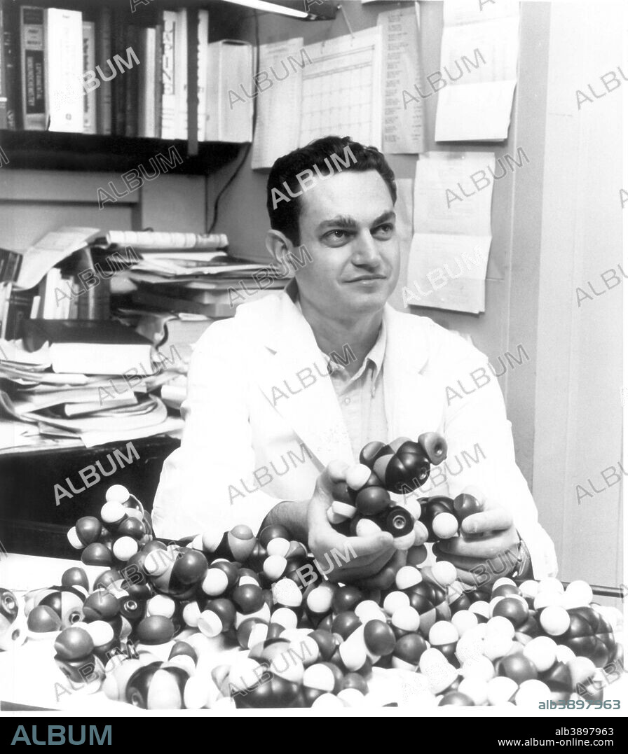 Dr. Marshall Nirenberg holding DNA models. Dr. Nirenberg and two other researchers, working independently, with whom he shared the prize, made major advances in understanding the chemical mechanisms by which genetic language or information is translated into various proteins that determine the nature and characteristics of all living things. Dr. Nirenberg was the first NIH Nobelist and also the first federal scientist to receive a Nobel Prize. This photograph is ca. 1960's.