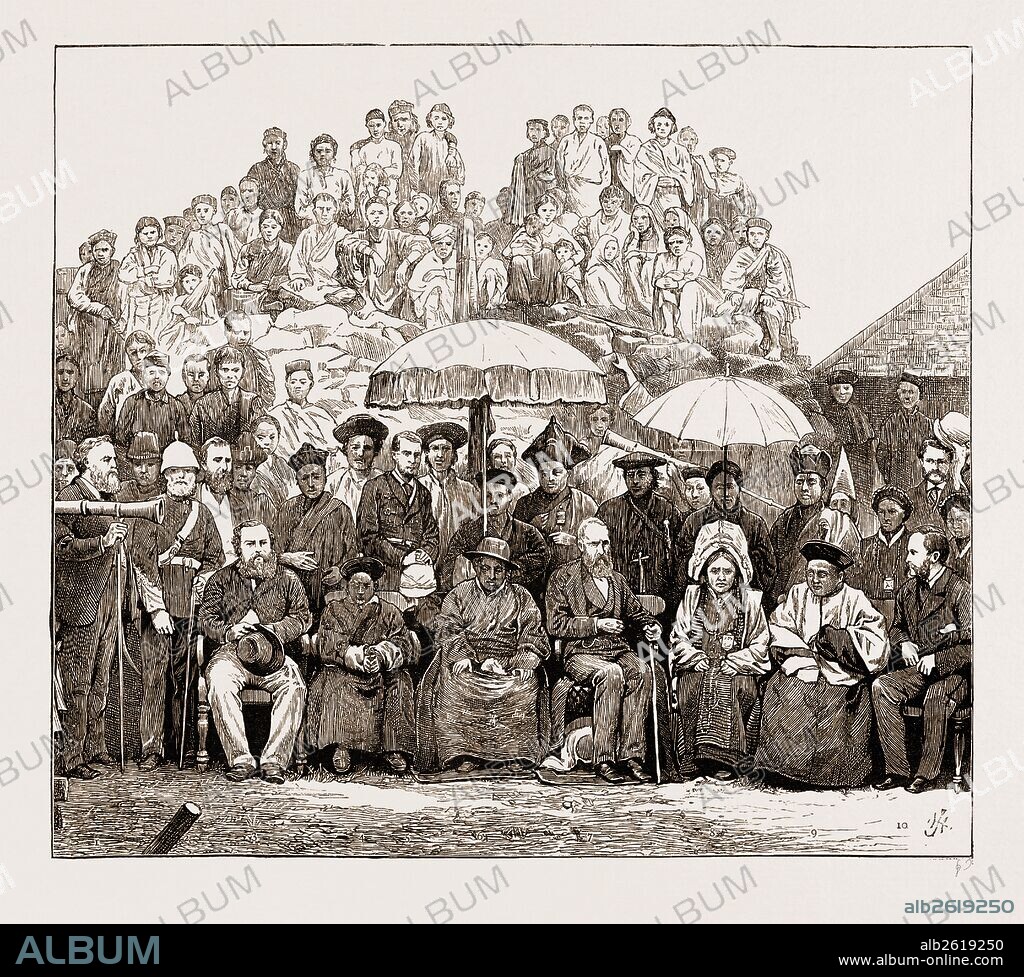 Grand Durbar at Darjeeling, India. Visit of the lieut. Governor of Bengal to the Rajah of Sikkim at Le Bong. I. W. L. Heeley, Esq., Inspector-General of jails-2. Lt.-Col. Newall, R.A., Commanding the Station 3. J. W. Edgar, C.S.I., Deputy-Commissioner of Darjeeling-4. Thoothub Nangye, Rajah's Youngest Brother, and Heir-Appamnt,. Captain Farmer, Aide-de-Camp to the Lieutenant-Governor-6. Sikyoung Koojew, Rajah of Sikkim-7. Sir Geo. Campbell, K.0 S.I., Lt.-Governor of Bengal-8 Serung Pooty, Rajah's Sister- 9. Chunjew Kaboo, Rajah's Elder Brother—zo. A. Mackenzie, Esq.