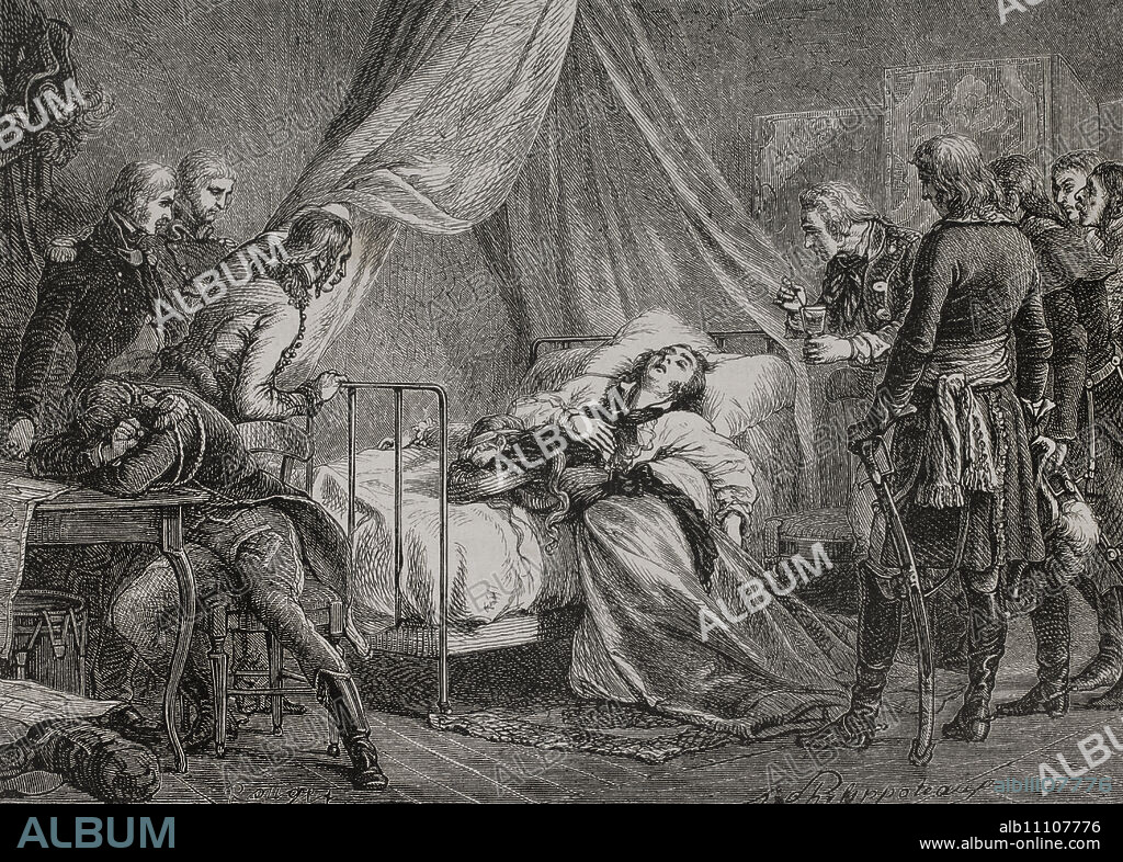 Lazare Hoche (Louis Lazare Hoche) (1768-1797). General francés de la Primera República francesa". Muerte del general Hoche en Wetzlar, por tuberculosis, el 19 de septiembre de 1797. Dibujo por Philippoteaux. Grabado. "Historia de la Revolución Francesa". Tomo I, parte segunda. 1879.