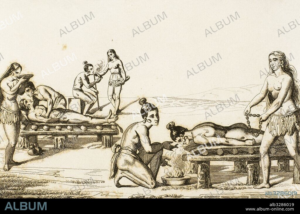 Indios americanos. Métodos de curación de enfermos en el siglo XVI. Grabado por Lemaitre, Vernier y Lebas. Historia de los Estados Unidos de América, por Roux de Rochelle,1841.